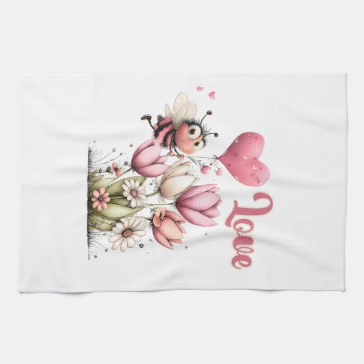 Cute Bee Love Heart Balloon Spring Flowers Theedoek (Horizontaal)