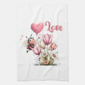 Cute Bee Love Heart Balloon Spring Flowers Theedoek (Verticaal)