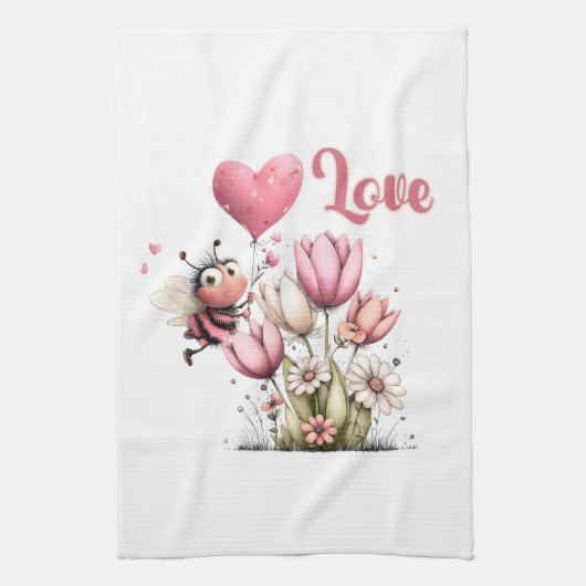 Cute Bee Love Heart Balloon Spring Flowers Theedoek (Verticaal)