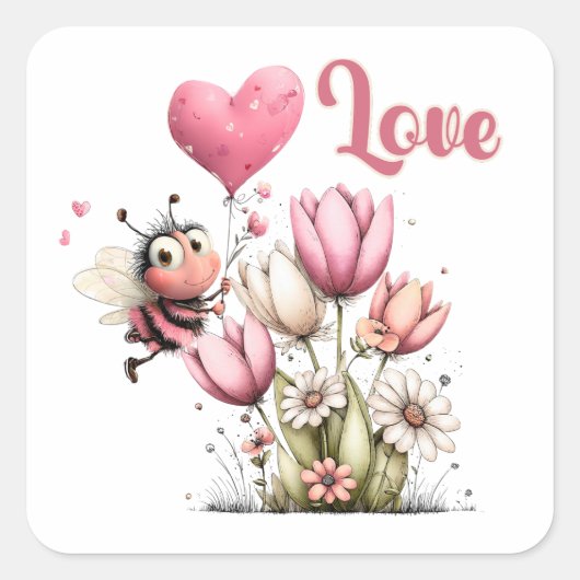 Cute Bee Love Heart Balloon Spring Flowers Vierkante Sticker (Voorkant)