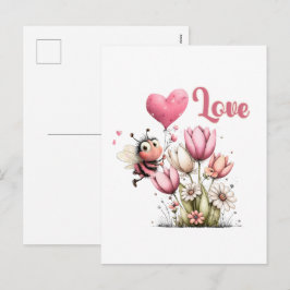 Cute Bee Love Heart & Floral  Feestdagenkaart