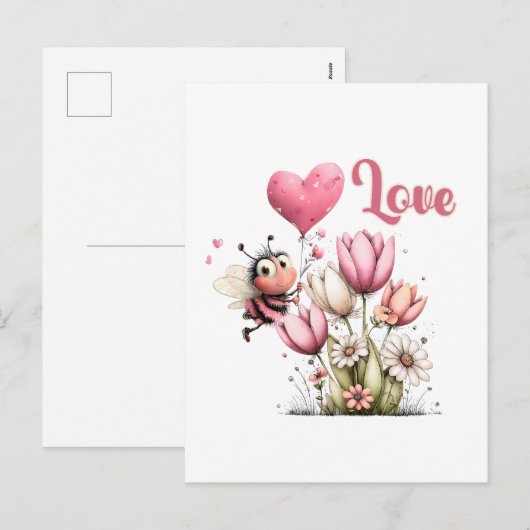Cute Bee Love Heart & Floral  Feestdagenkaart (Voorkant / Achterkant)