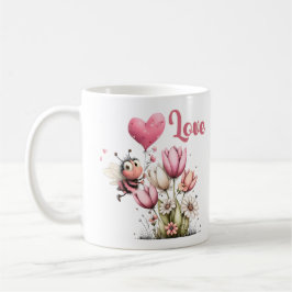 Cute Bee Love Heart & Floral  Koffiemok