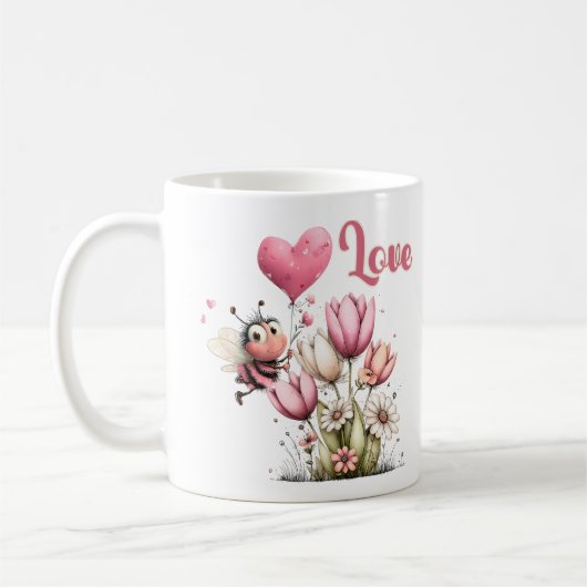 Cute Bee Love Heart & Floral  Koffiemok (Links)