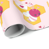 Cute Bee met roze Valentijn Hearts Pattern Cadeaupapier (Rol Hoek)