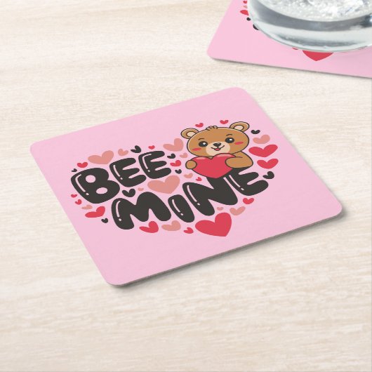 Cute Bee Mine Teddy Bear Valentine's Day Kartonnen Onderzetters (Schuin)