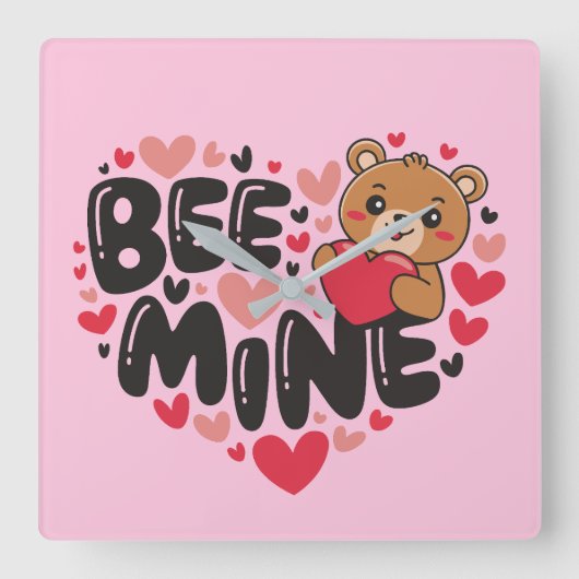 Cute Bee Mine Teddy Bear Valentine's Day Vierkante Klok (Voorkant)