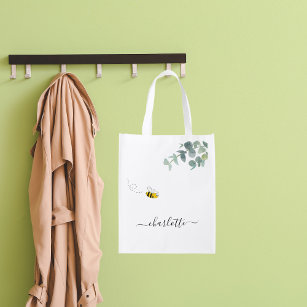 Cute bee monogram eucalyptus greenery white boodschappentas
