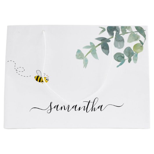 Cute bee monogram eucalyptus greenery white groot cadeauzakje (Voorkant)