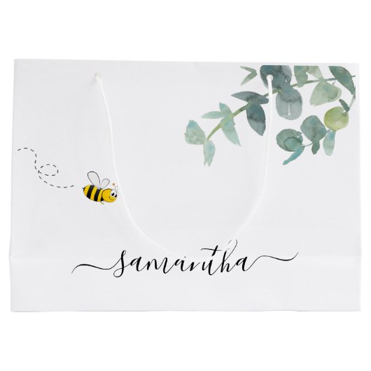 Cute bee monogram eucalyptus greenery white groot cadeauzakje (Achterkant)