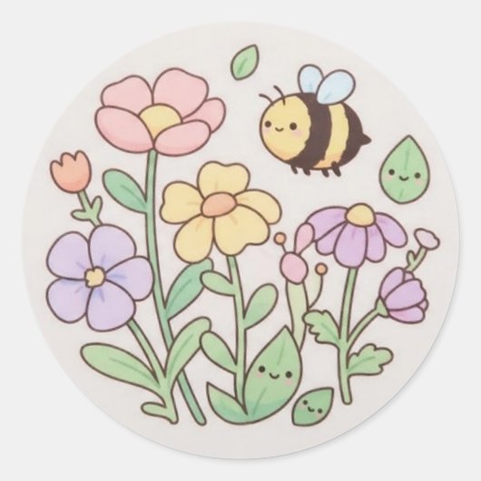 Cute Bee & Smiling Flowers Sticker - Pastel Bloeme (Voorkant)
