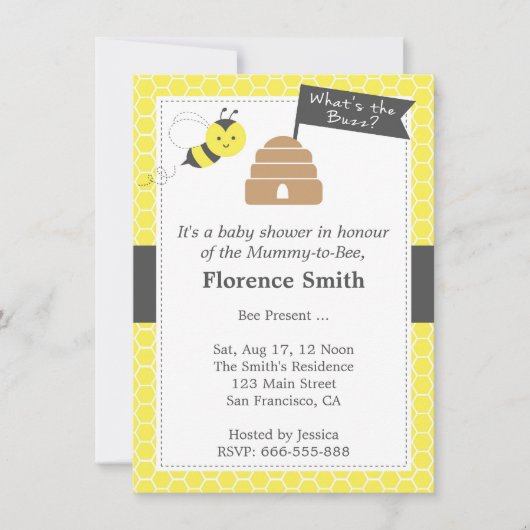 Cute bee Theme Baby shower in geel en donkergrijs Kaart (Voorkant)