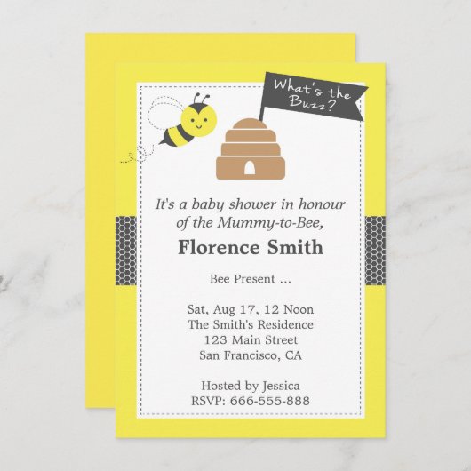 Cute bee Theme Baby shower in geel en donkergrijs Kaart (Voorkant / Achterkant)
