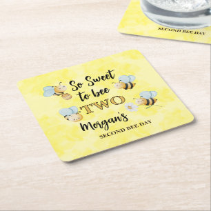 Cute Bee Twee Geel Zwart Tweede Verjaardagsfeestje Kartonnen Onderzetters