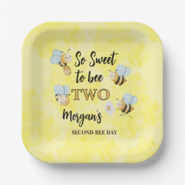 Cute Bee Two Yellow Black Second Birthday Party Papieren Bordje