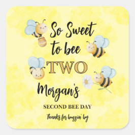 Cute Bee Two Yellow Black Second Birthday Party Vierkante Sticker