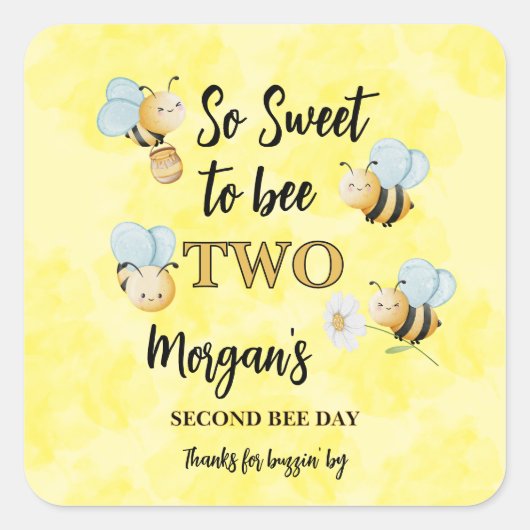 Cute Bee Two Yellow Black Second Birthday Party Vierkante Sticker (Voorkant)
