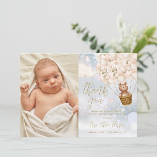Cute Beer and ballons Winter Baby Birth Photo Bedankkaart (Staand voorkant)