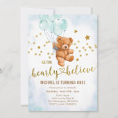 Cute Beer Baby Boy's Birthday Party Invitation Kaart (Voorkant)