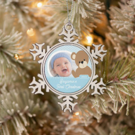 Cute Beer Baby's First Kerstfoto Tin Sneeuwvlok Ornament