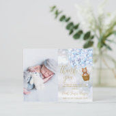 Cute Beer Blauwe Bedankt Winter Baby Foto Geboorte Aankondigingskaart (Staand voorkant)