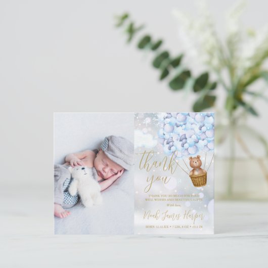 Cute Beer Blauwe Bedankt Winter Baby Foto Geboorte Aankondigingskaart (Staand voorkant)