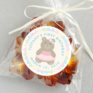 Cute Beer Cub Ballerina Baby First Birthday Party Ronde Sticker