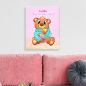 Cute Beer Eet Honing, Kindernaam/Boodschap, Roze Canvas Afdruk (Insitu (Woonkamer))