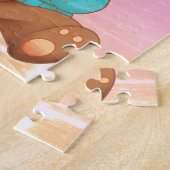 Cute Beer Eet Honing, Kindernaam/Boodschap, Roze Legpuzzel (Zijkant)
