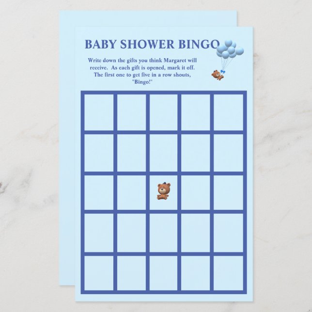Cute Beer en ballonnen Thed Baby shower Bingo (Voorkant / Achterkant)