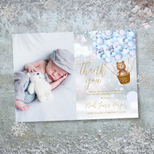 Cute Beer En Blauwe Ballonnen Winter Baby Foto Bedankkaart