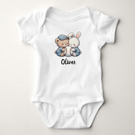 Cute Beer en Konijn Honkbal Team Romper (Voorkant)