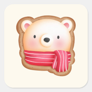 Cute Beer Face in een Red Scarf kerstkoekje Vierkante Sticker