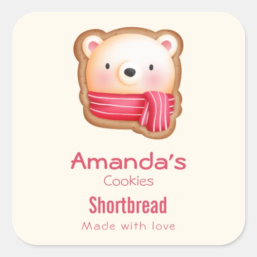 Cute Beer Face in een Red Scarf kerstkoekje Vierkante Sticker (Voorkant)