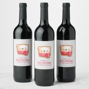 Cute Beer Face Red Scarf en Rosy Cheeks Kerstmis Wijn Etiket