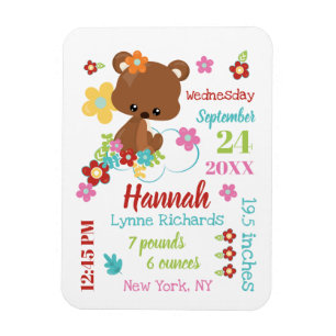 Cute Beer & Flowers Baby Girl Birth Record Stats Magneet