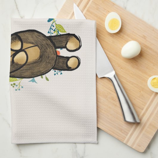 Cute Beer, Gele Bloem en Breedmonogram Theedoek (Quarter Fold)