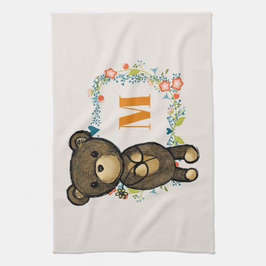 Cute Beer, Gele Bloem en Breedmonogram Theedoek (Verticaal)