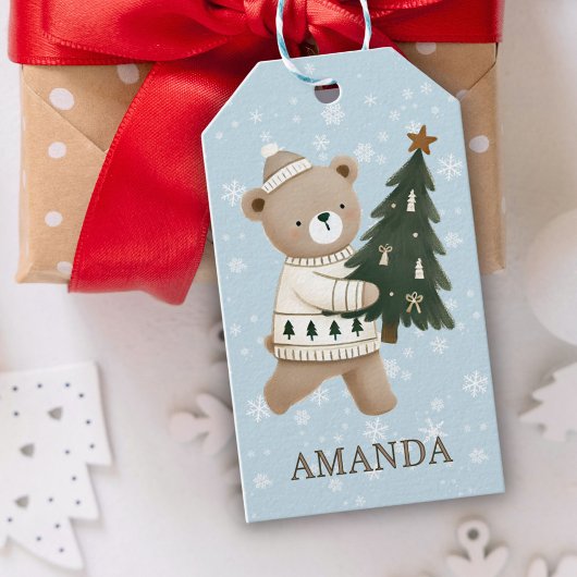 Cute Beer Kerstboom Sneeuwvlokken Kinderen Naam Cadeaulabel