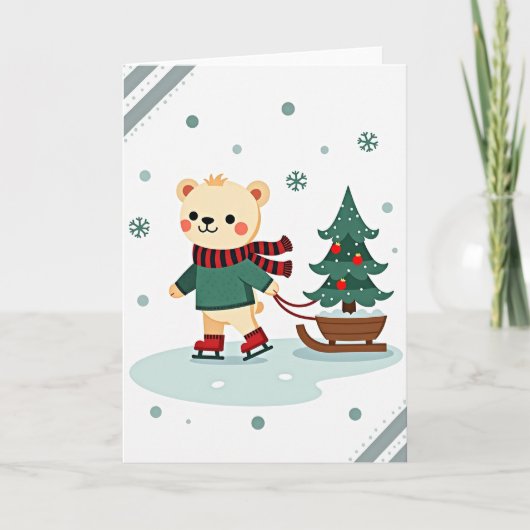 Cute Beer Kerstmis IJsschaatsen Kaart (Voorkant)