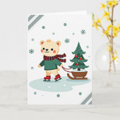Cute Beer Kerstmis IJsschaatsen Kaart (Gele Bloem)