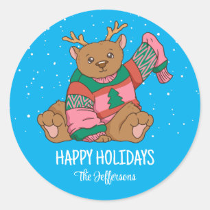 Cute Beer Kerstmis Snowy Winter Holiday Ronde Sticker