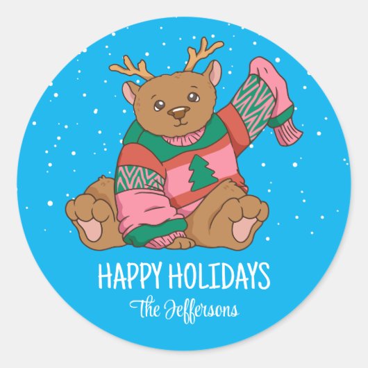 Cute Beer Kerstmis Snowy Winter Holiday Ronde Sticker (Voorkant)