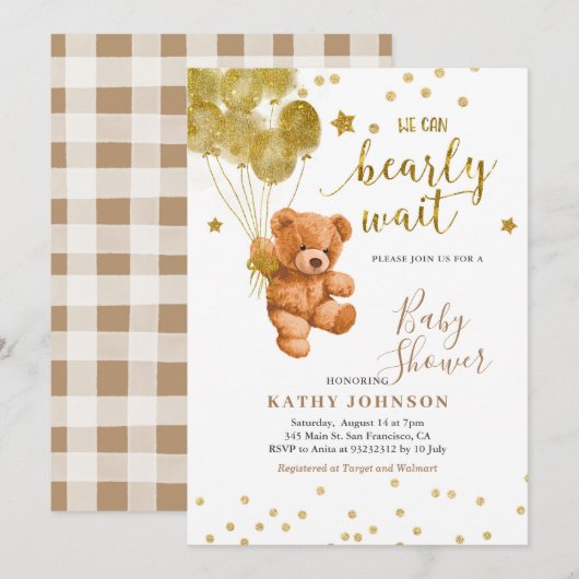 Cute Beer met Gold Balloon Baby shower Invitation Kaart (Voorkant / Achterkant)