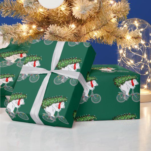Cute Beer met kerstboomcadeaus voor fietsers Cadeaupapier (Feestdagen)