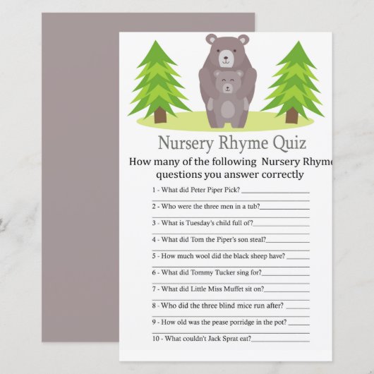 Cute Beer Nursery Rhyme Quiz baby shower game (Voorkant / Achterkant)