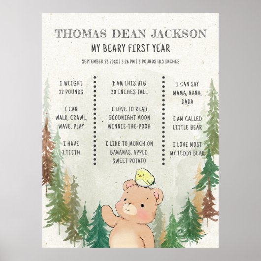 Cute Beer Rustic Beary 1st Birthday Milestone Sign Poster (Voorkant)