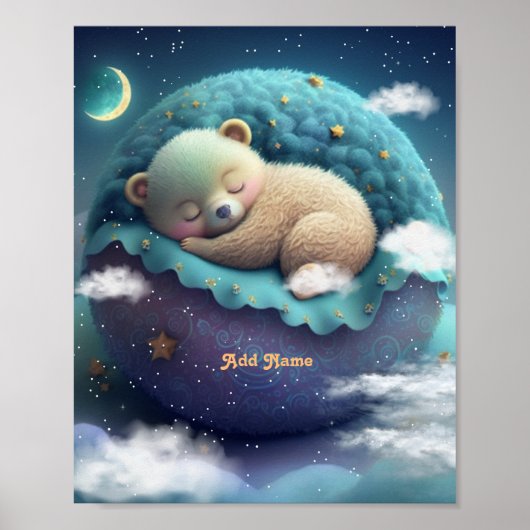 Cute Beer Sleeping Blue Pillow Stars Moon Nursery Poster (Voorkant)
