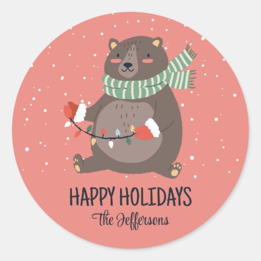 Cute Beer Snowy Winter Holiday Animal Ronde Sticker (Voorkant)