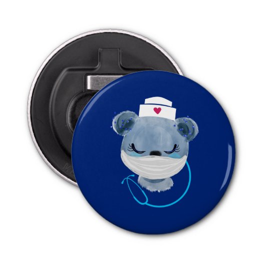 Cute Beer verpleegster die een medisch masker draa Button Flesopener (Voorkant)